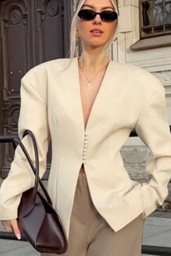 Chic Beige Structured V-Neck Coat