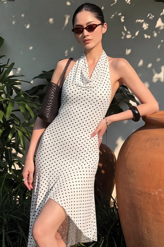 Polka Dot Halter Asymmetrical Hem Midi Dress