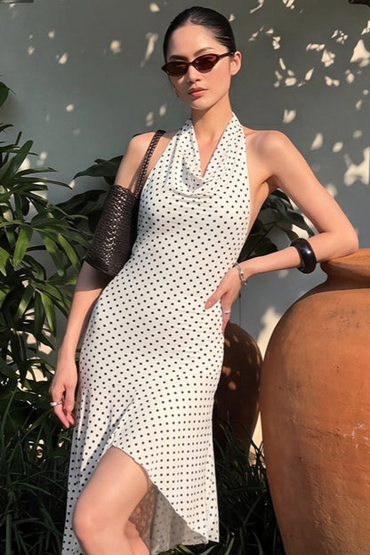 Polka Dot Halter Asymmetrical Hem Midi Dress