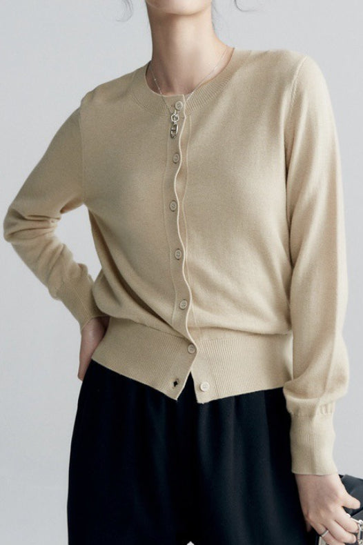 Solid Color Round Neck Knit Cardigan