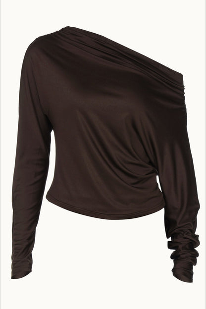 Ruched Asymmetric Shoulder Long Sleeve Tee