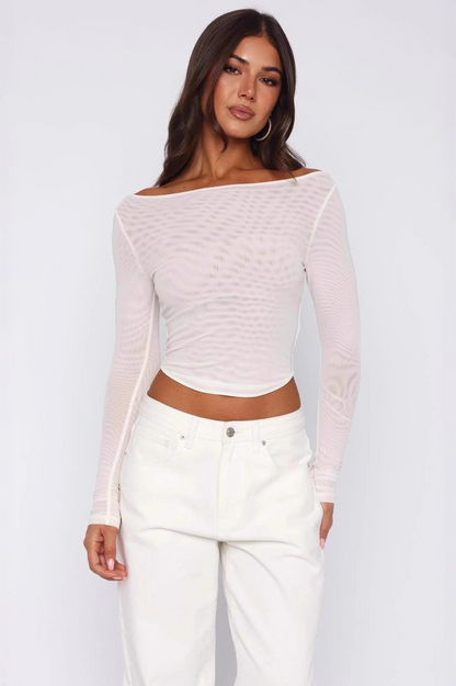 Solid Off Shoulder Sheer Mesh Crop Top