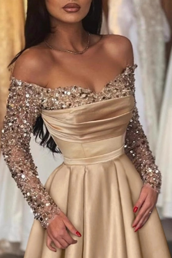 Long Sleeve Sequin Evening Gown Prom Dress