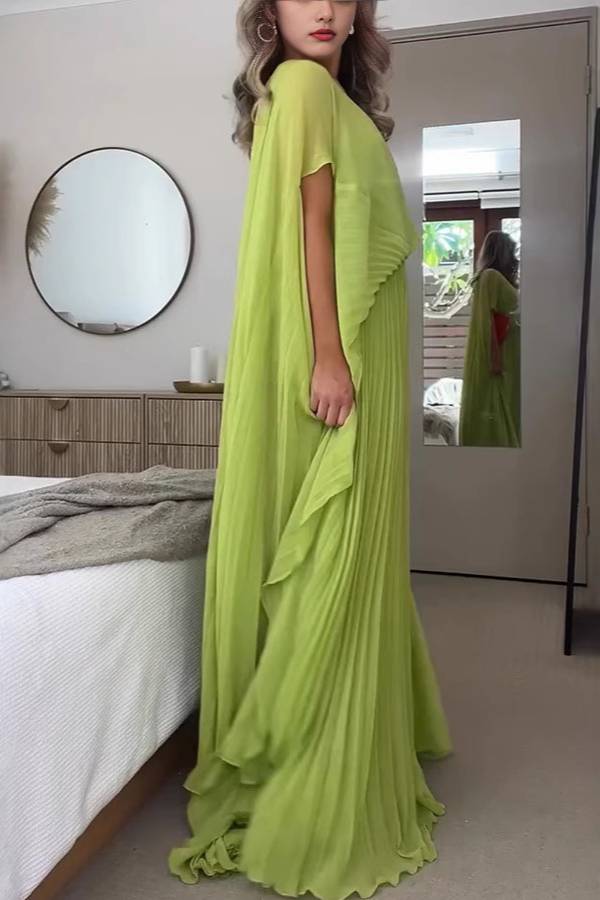 Avocado Green Pleated Cape Maxi Skirt