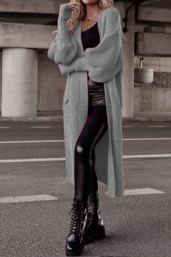 Lantern sleeve loose long knit cardigan