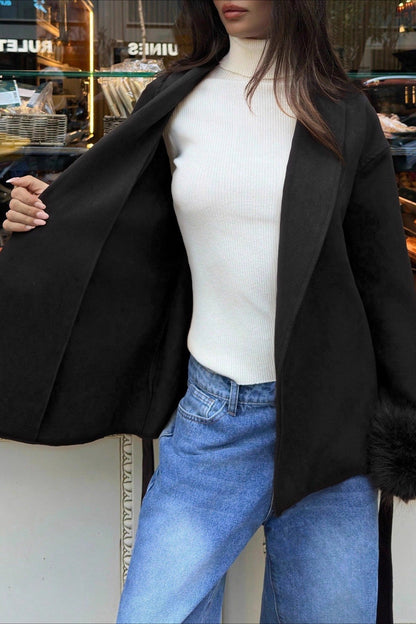Wool Blend Faux Fur Cuff Belted Long Coat