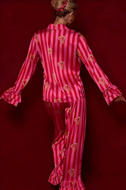 Festive Season Long Candy Stripe Tiered Bell Cuffs Elastic Waist Pocketed Pajama Set