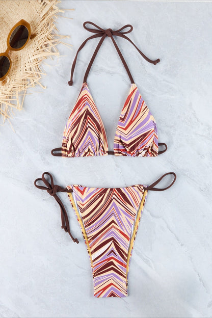 Retro Striped Halter Tie String Triangle Bikini Set