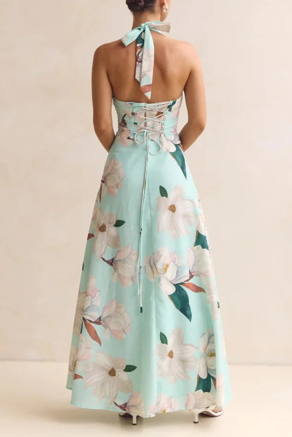 Floral Print V-neck Backless Tie-up Fitted Waist Elegant Maxi Dress