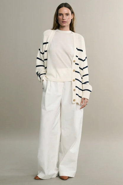 Cotton Stripe V Neck Cardigan