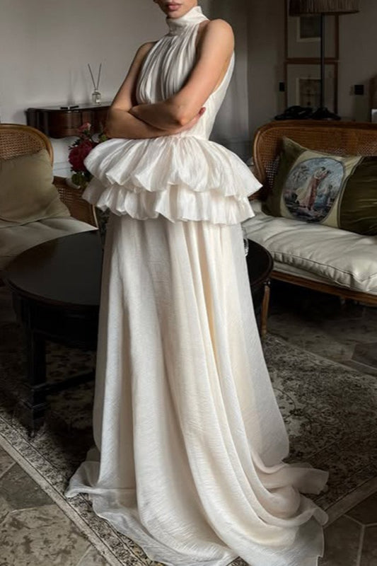 Mock Neck Sleeveless Peplum Reception Dress