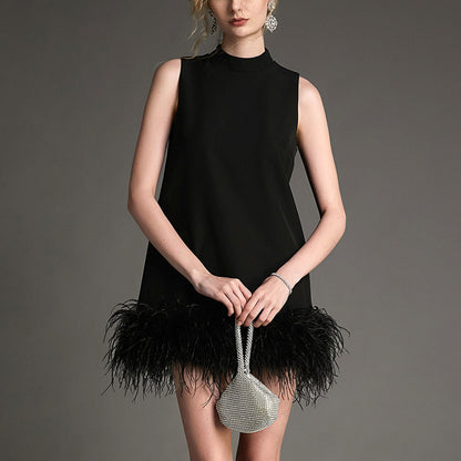 Mock Neck Sleeveless Feather Trim Shift Mini Dress