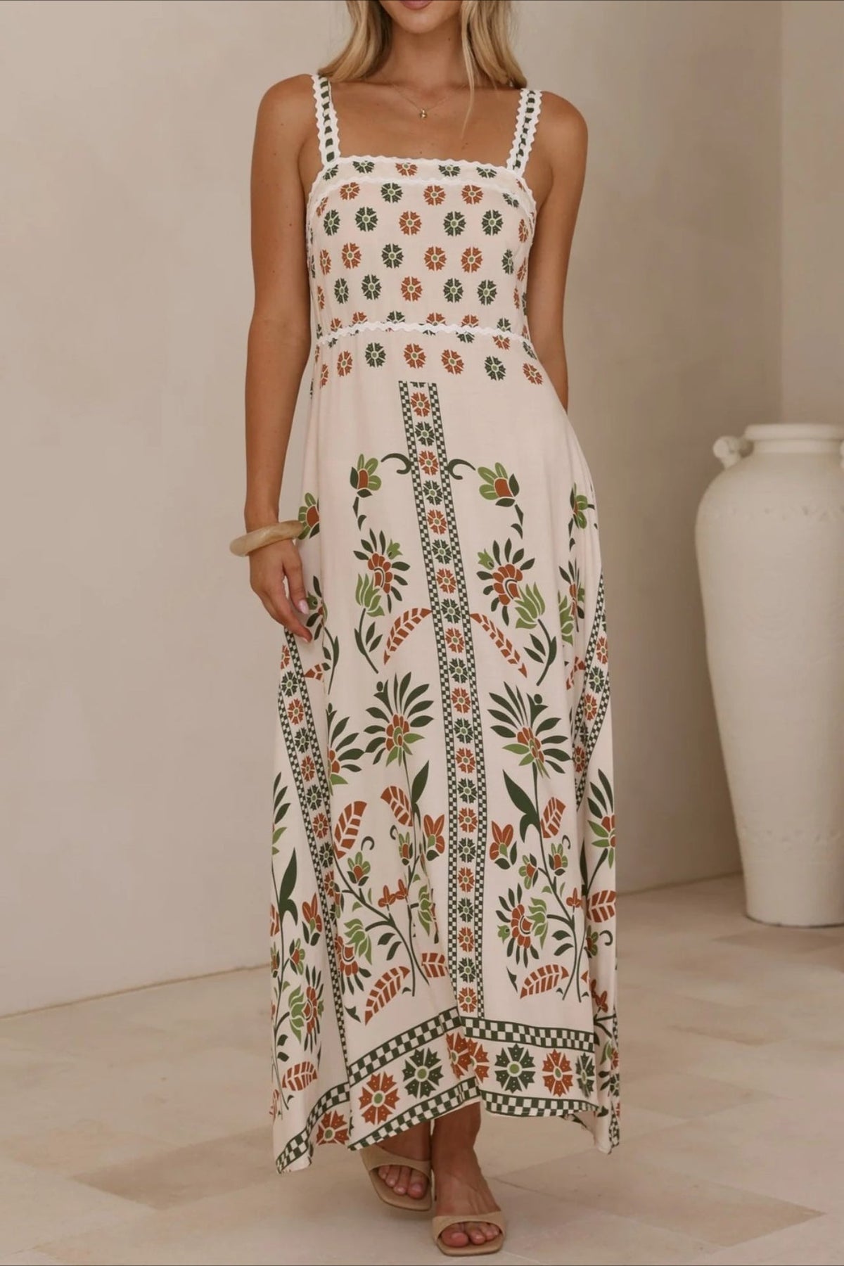 Linen Lace Trim Spaghetti Strap Boho Dress
