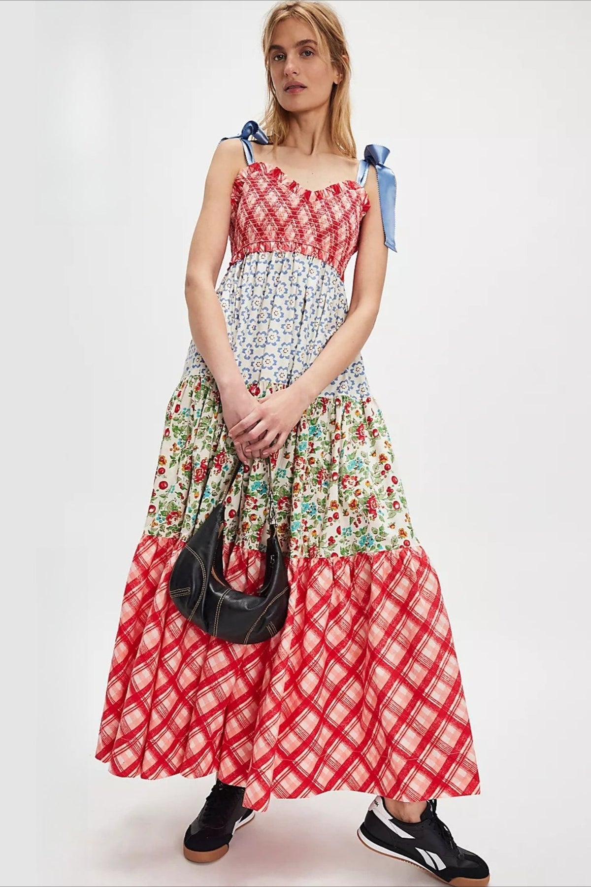 Gingham Patchwork Floral Print Boho Dress