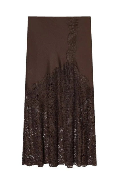 Solid Color Silk Satin and Lace Spliced elegant Maxi Skirt