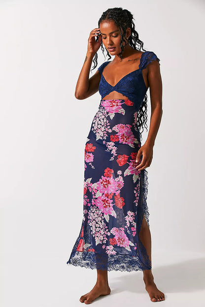 Lace Bodice Cutout Floral Print Satin Maxi Slip Dress