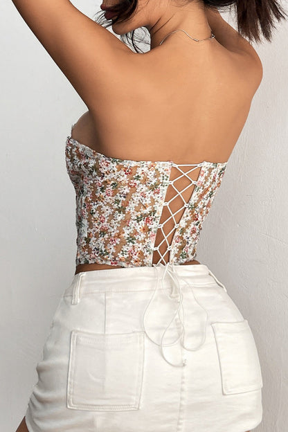 Floral Embroidery Boned Sheer Corset Tube Top