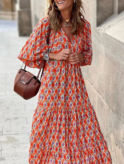 Puff Sleeve Tiered Geometric Print Boho Maxi Dress