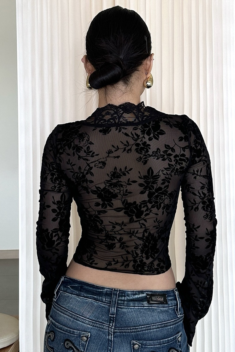 Printed Mesh Ruffled Sheer Chic Crop Top