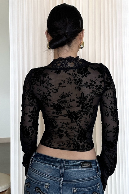 Printed Mesh Ruffled Sheer Chic Crop Top