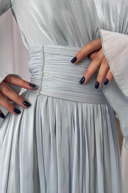 Mock Neck Long Sleeve Pleated Waistband Flowy Maxi Dress