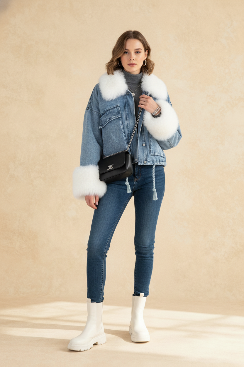 Autumn Winter Warm Faux Fur Short Denim Thicken Ladies Fashion Jackets
