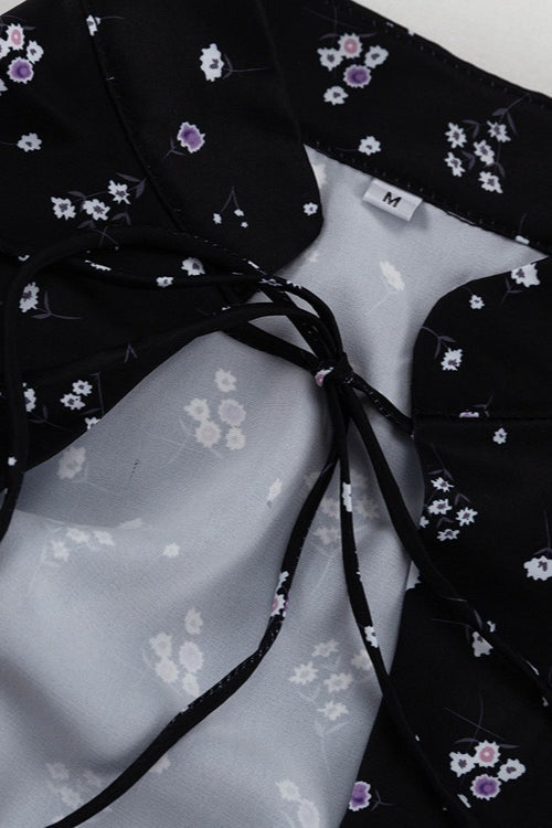 Stand Collar Tie Waist A Line Floral Dress