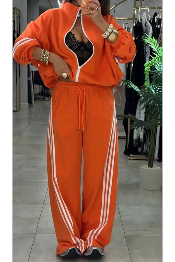 Fashionable Sporty Stripes Long Sleeve Zipper Drawstring Jacket and Elastic Waist Pocket Pants Set