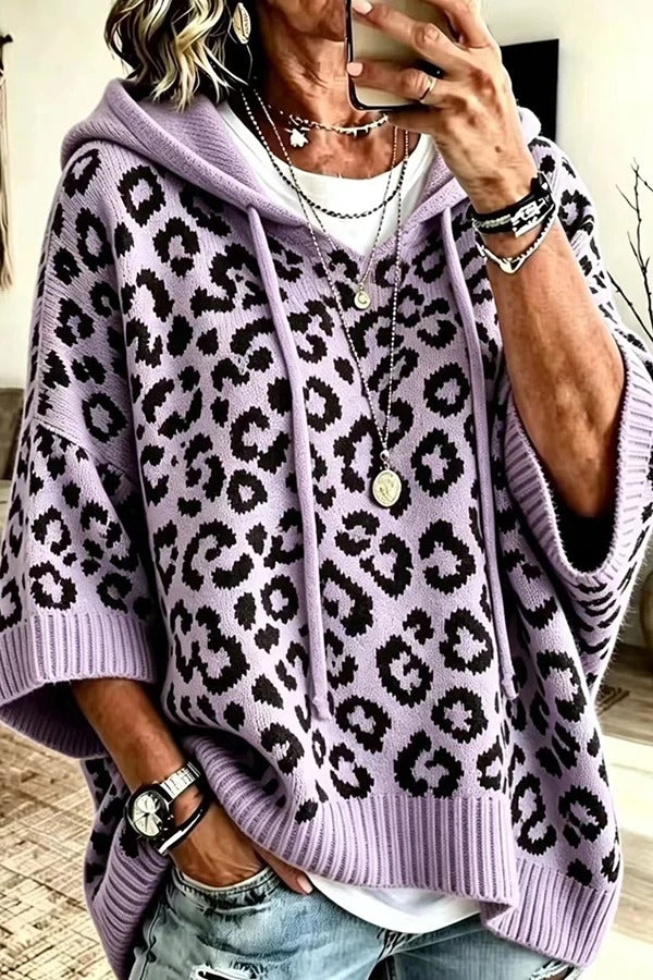 Comfortable and Casual Knit Leopard Print Half Sleeve Hoodie Sweater