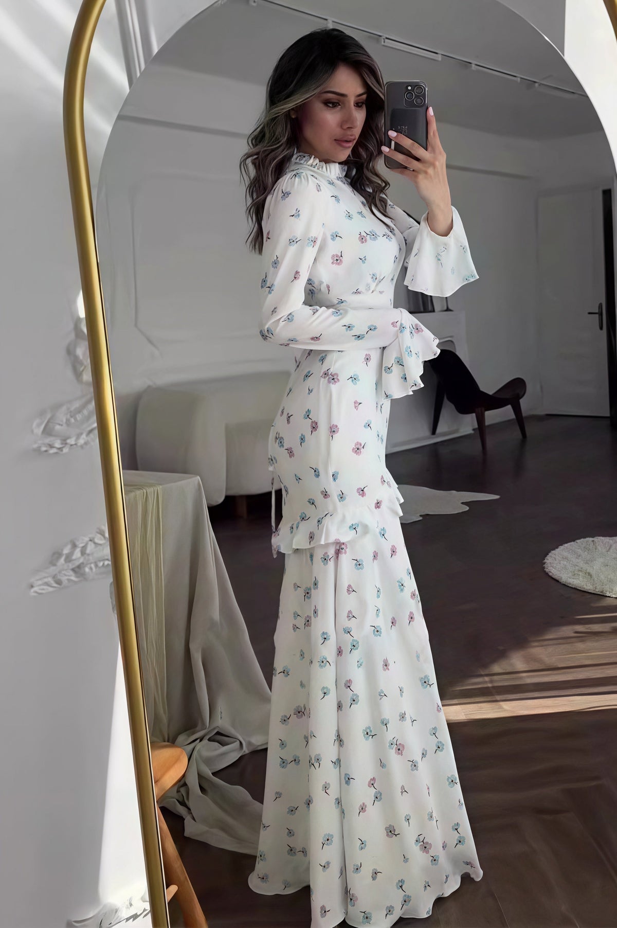 Ruffle Trim Slim Maxi Floral Dress
