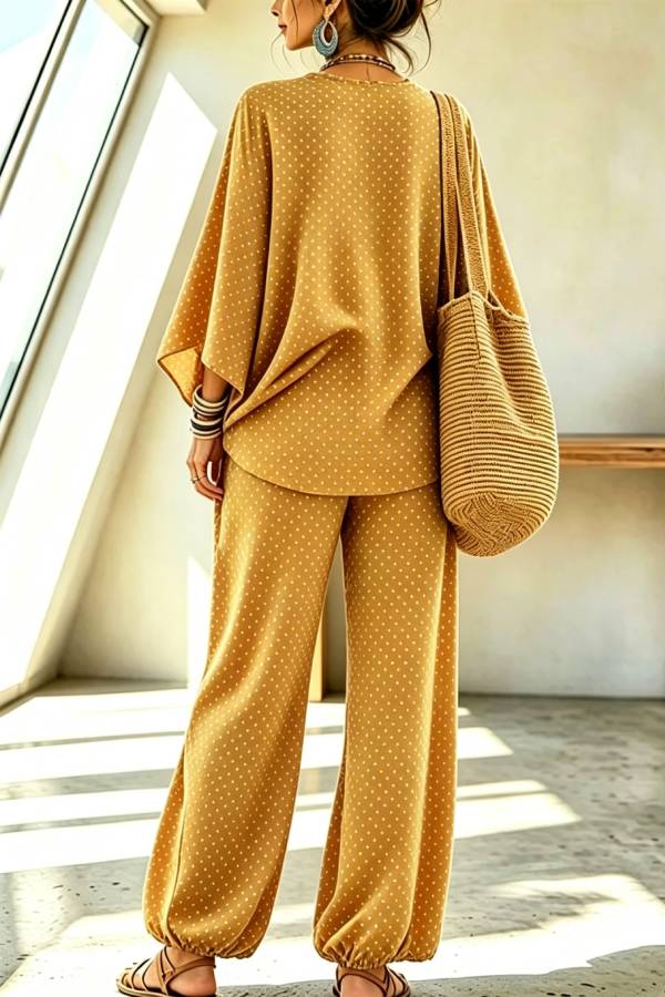 Retro Style Polka Dot Print Batwing Sleeve Top and Elastic Waist Loose Jogger Pants Set