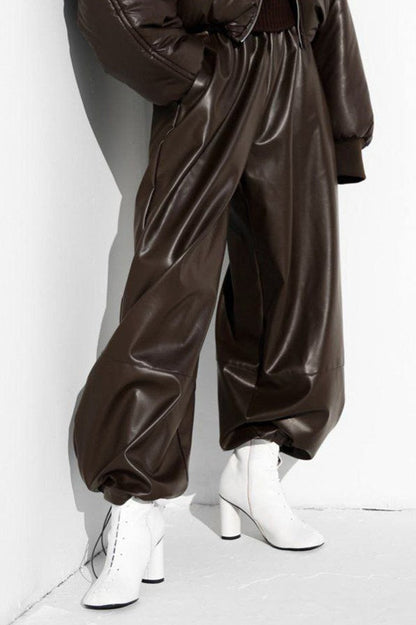 Drawstring Cuff PU Leather Relaxed Pants