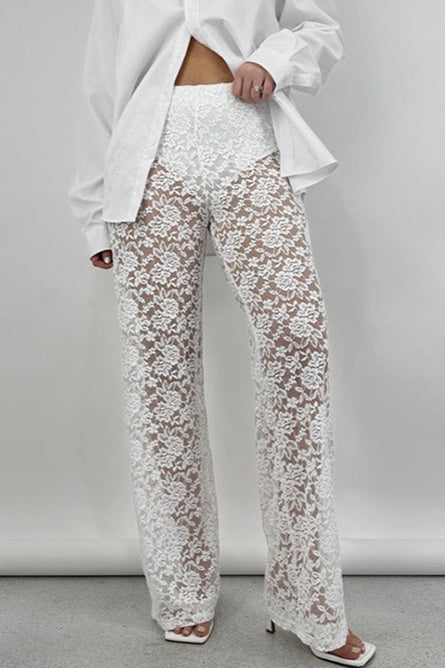 Lace Sheer High Waist Patchwork Straight Pants