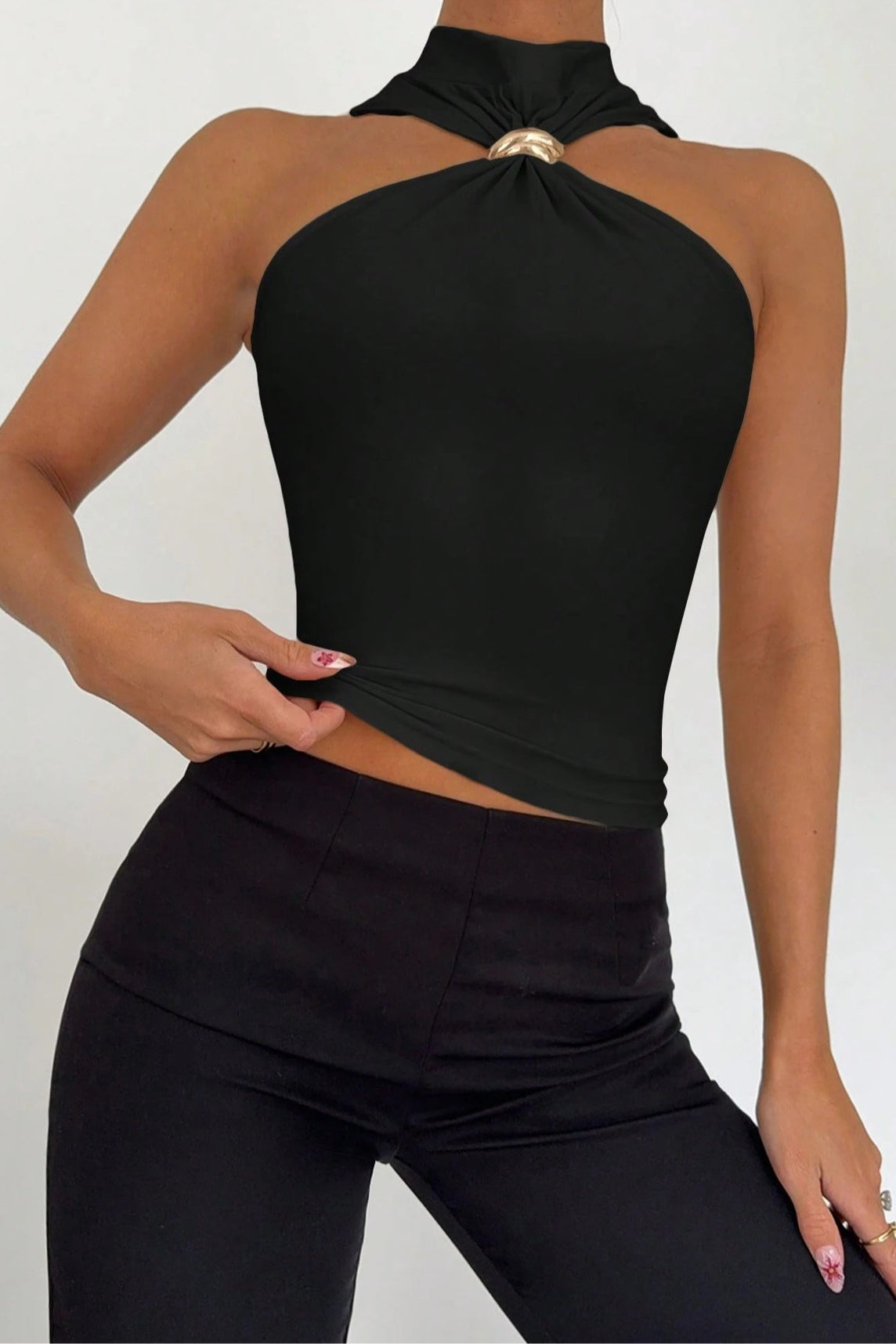 High Neck Metal Ring Sleeveless Off Shoulder Halter Top