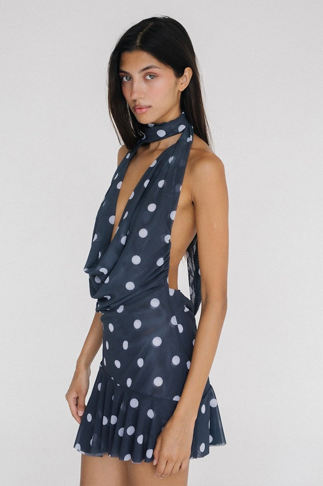 Polka Dot Halter Cowl Neck Choker Tie Ruffle Hem Mini Dress