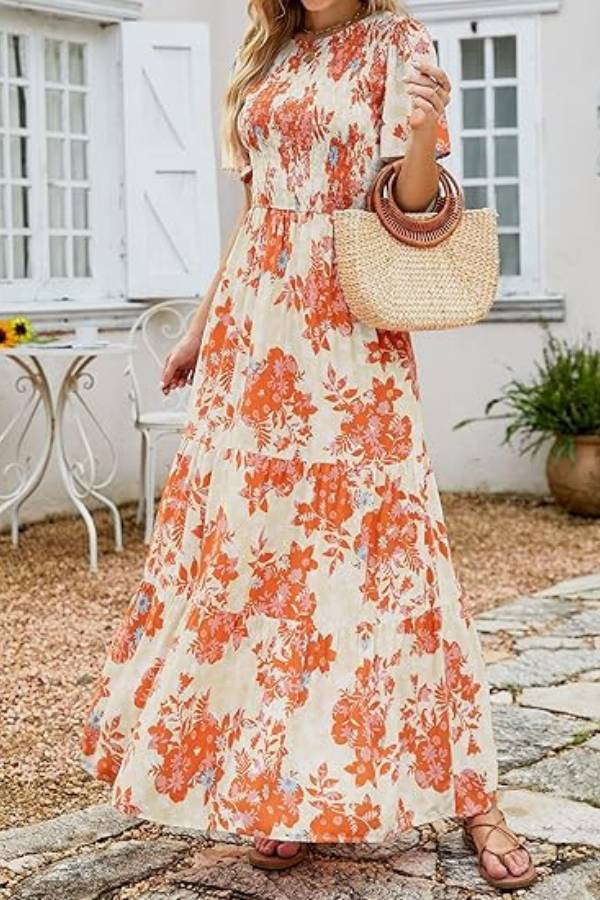 Floral Print Round Neck Short Sleeve Tiered Maxi Dress