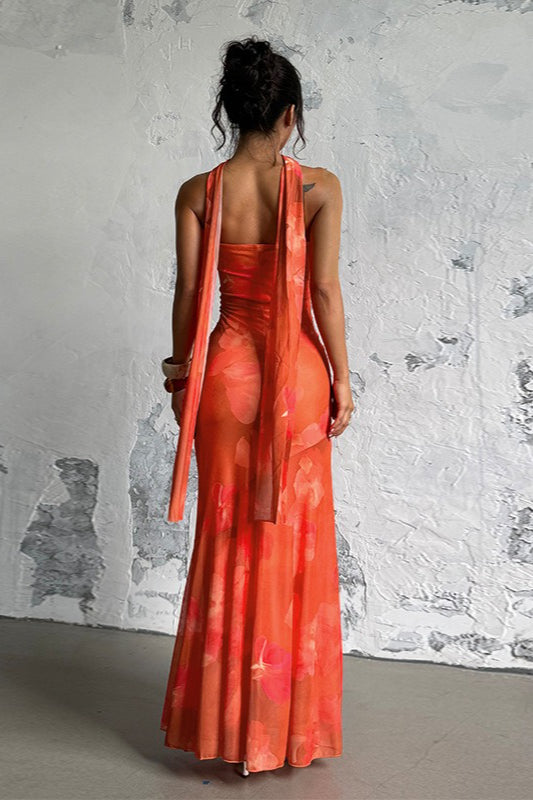 Sexy Strapless Mesh Tie Detail Maxi Floral Dress