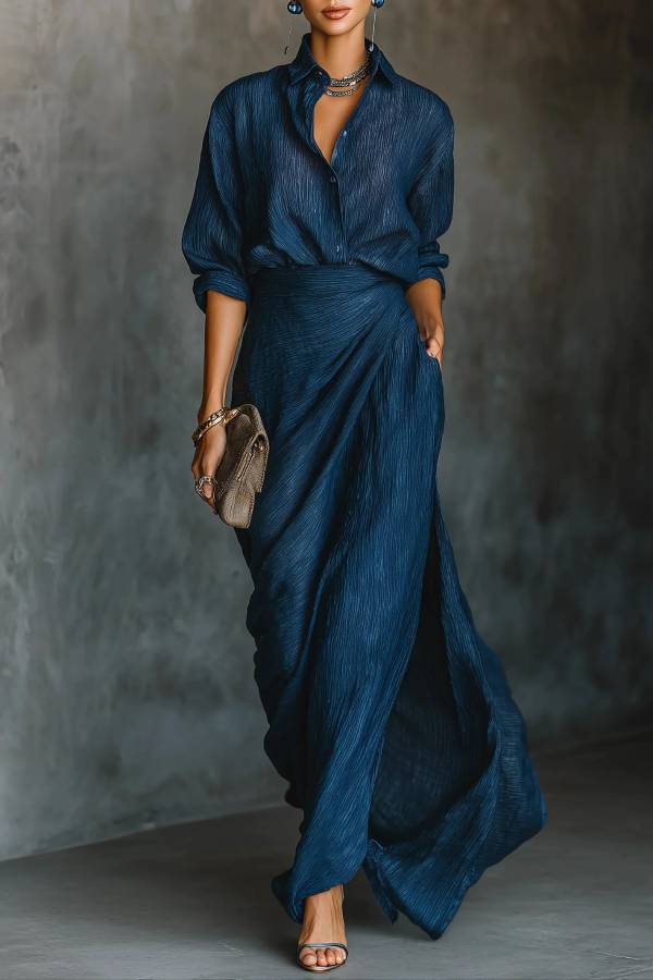 Elegant Dark Blue Cotton And Linen Blend Shirt Long Skirt Set