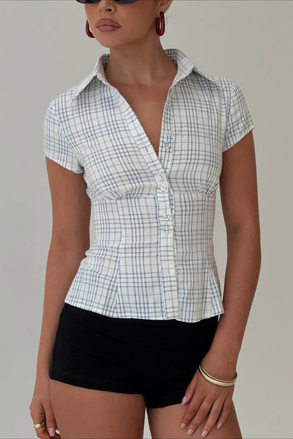 Plaid Double Button Slim Fit Shirt Blouse