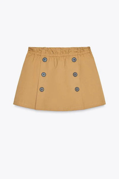 Chic Comfort Mid Rise Elastic Waist Contrast Buttons Pocket Mini Skort
