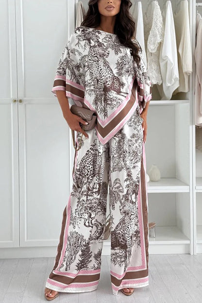 Jungle Themed Satin Unique Print Cape Top and Elastic Waist Pocket Wide Leg Pants Set