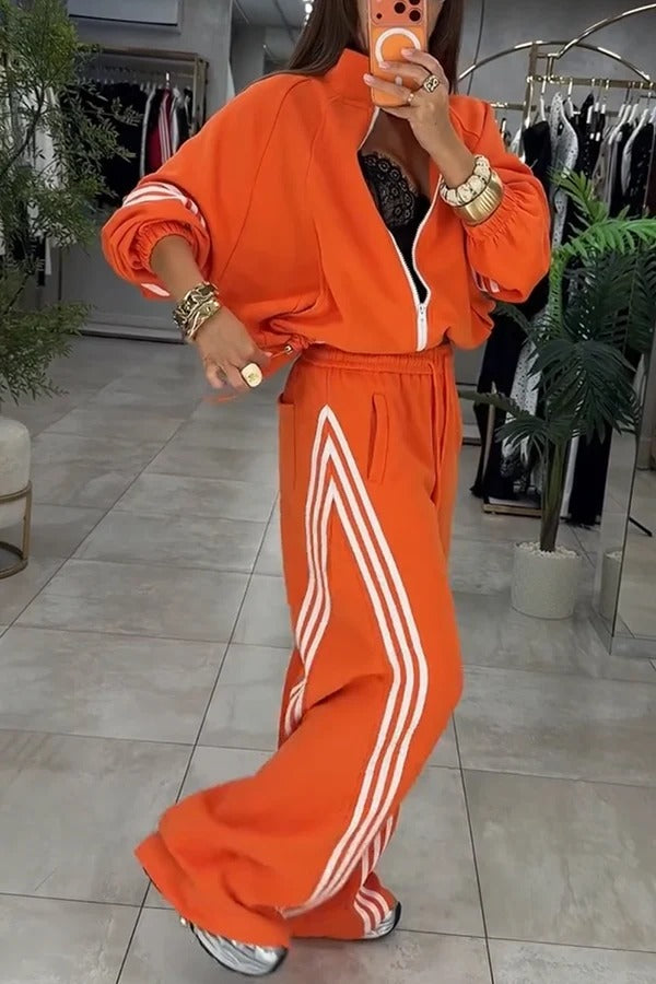 Fashionable Sporty Stripes Long Sleeve Zipper Drawstring Jacket and Elastic Waist Pocket Pants Set