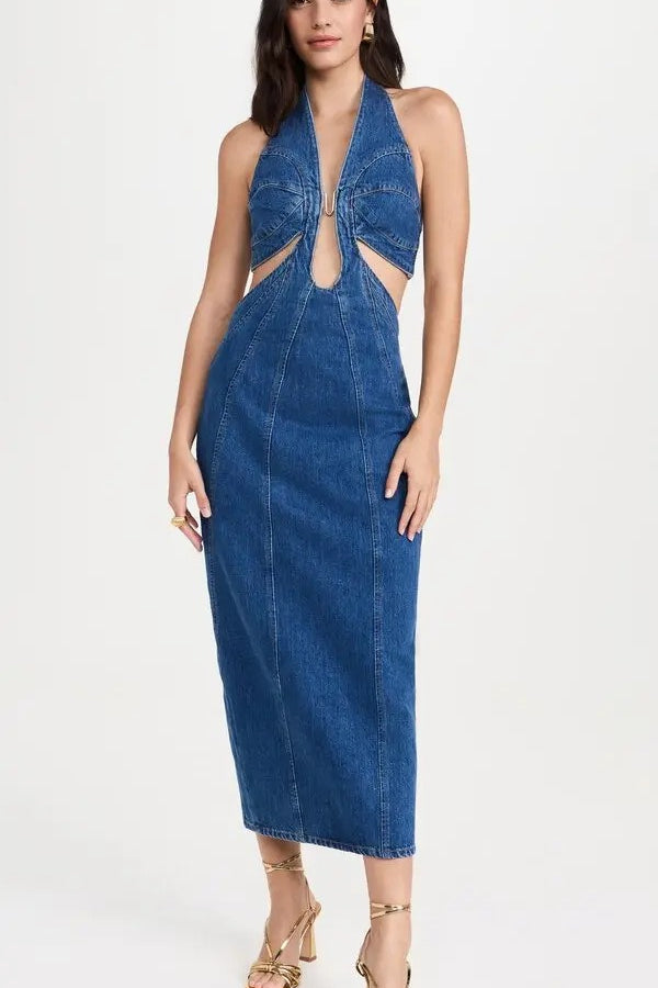 Halter Wrap Denim Dress