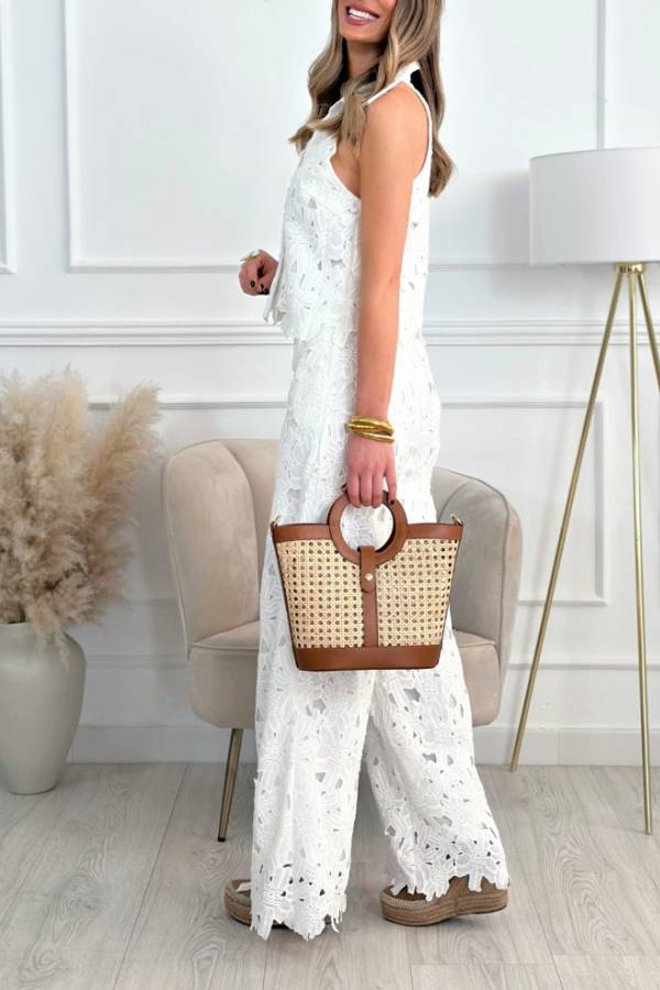 Halter Collared Lace Cut-Out Wide-Leg Pants Set