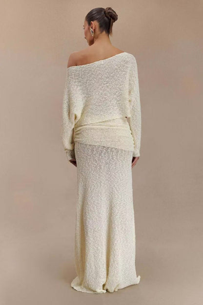 Ribbed Knit Off Shoulder Maxi Skirt Set