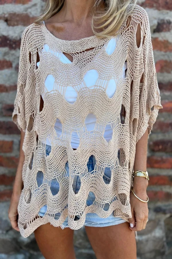 Solid Color Loose-fitting Openwork Casual Knit Top