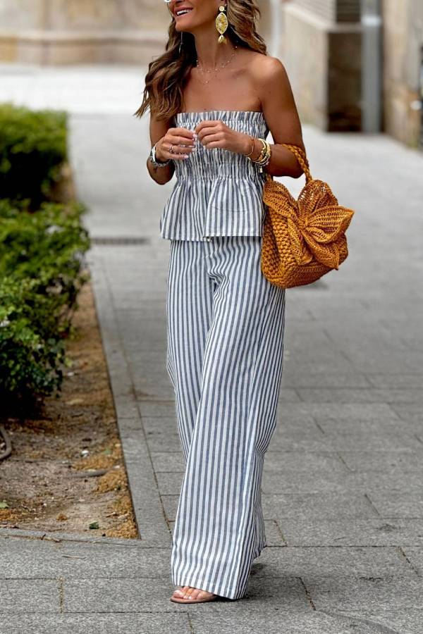 Blue White Stripe Tube Top Ruched Wide Leg Pants Two Piece Set