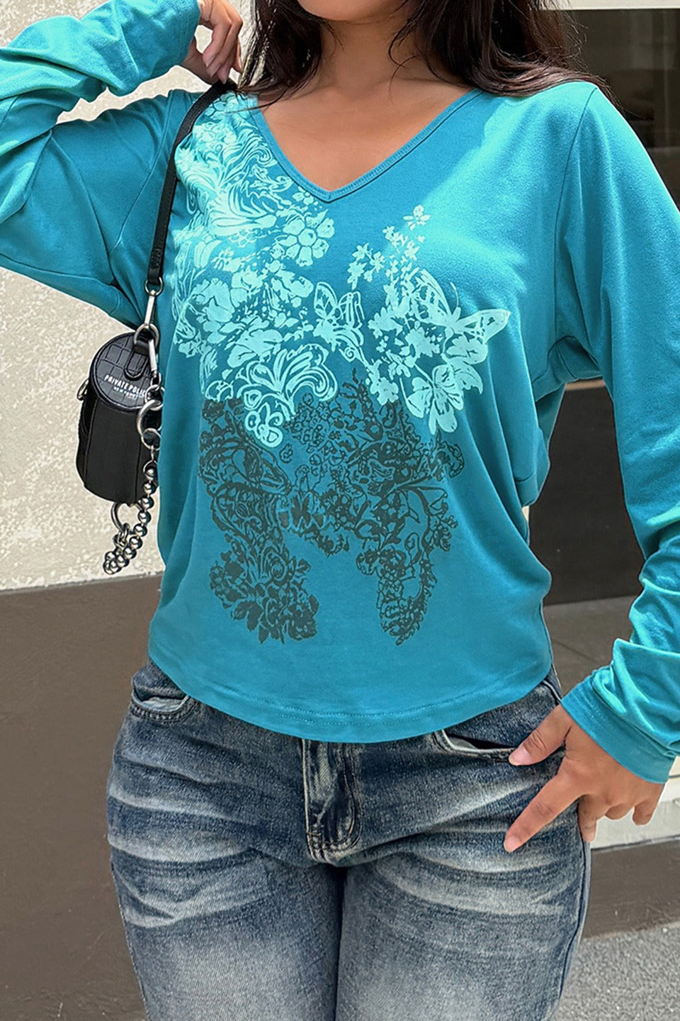 Floral Butterfly V Neck Long Sleeve Tee