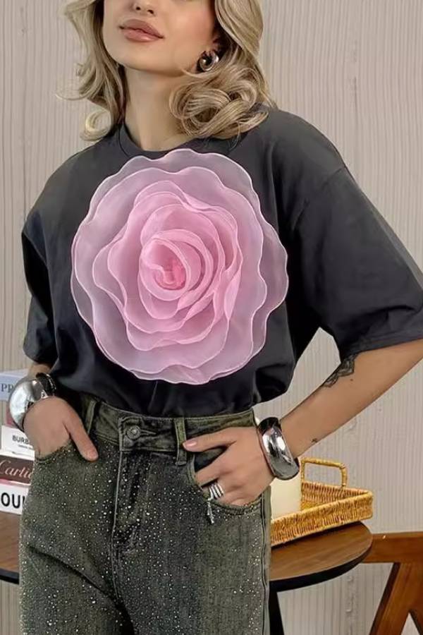 Loose T-shirt Three-dimensional Mesh Camellia Cotton Short-sleeved Top