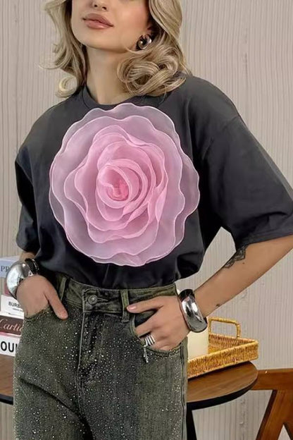 Loose T-shirt Three-dimensional Mesh Camellia Cotton Short-sleeved Top